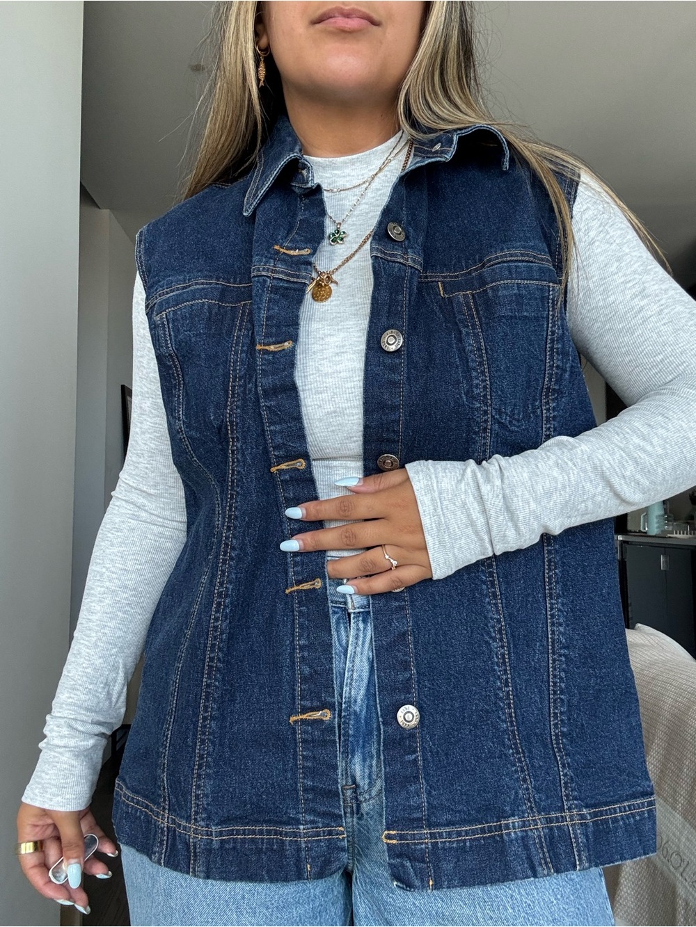 Dark Blue Denim Sleeveless Vest — Women Jeans Overalls